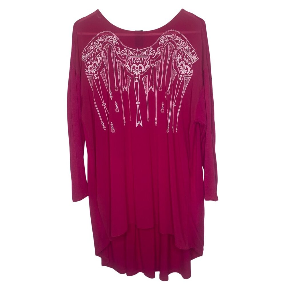 Ali Miles Tunic Top  Womens XL‎ Fuchsia Simi Sheer Embellished Long Sleeve